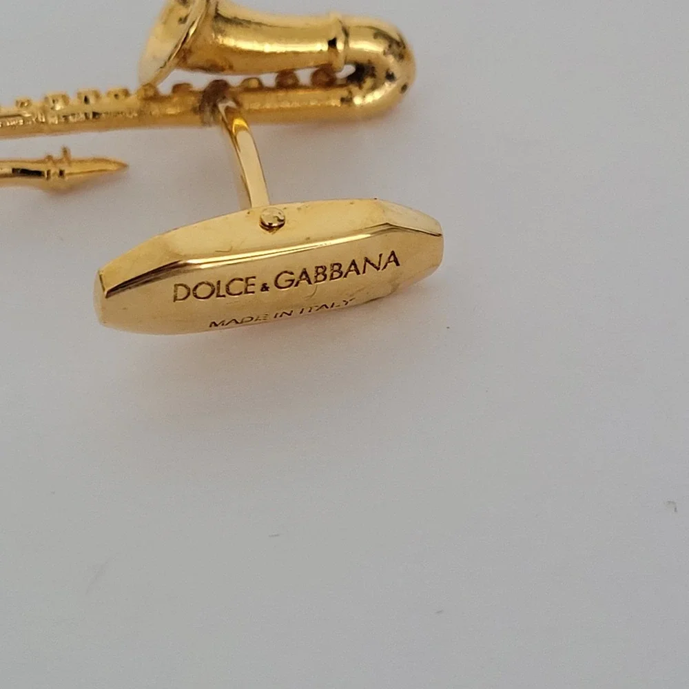 Dolce & Gabbana Mens Saxophone Cufflinks Gold Tone Made in Italy Music Theme